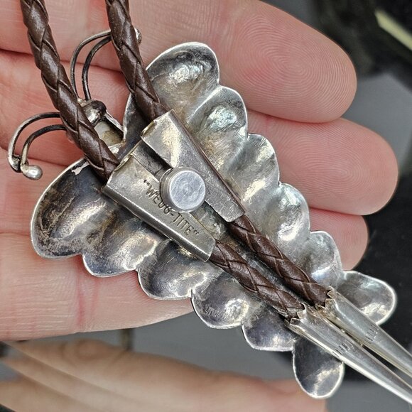 Navajo Turquoise Sterling Silver Bolo Tie Large Butterfly Signed HW. USA - Picture 10 of 12
